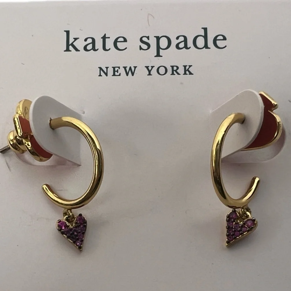 Kate Spade Gold-Tone Colored Pavé Heart Charm Huggie Hoop Earrings